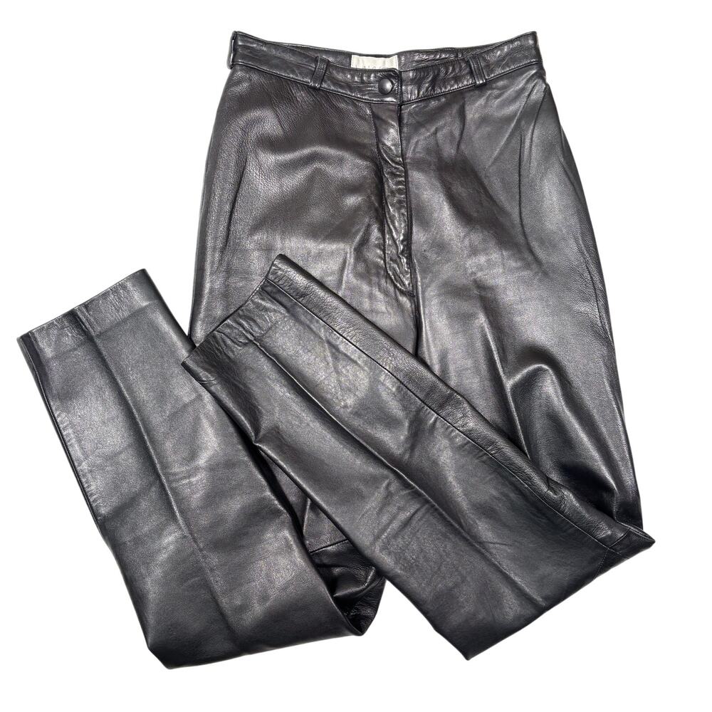 Vakko Vintage Black Leather Trousers Pants High Waisted Tapered Pants Size 4